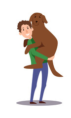 A man holds a large dog in his arms. The character hugs his pet. Vector sketch of a cartoon illustration isolated on a white background.