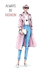 Hand drawn beautiful young woman wearing coat and jeans. Stylish girl in sunglasses holding white bag. Fashion woman look. Sketch. Fashion illustration.