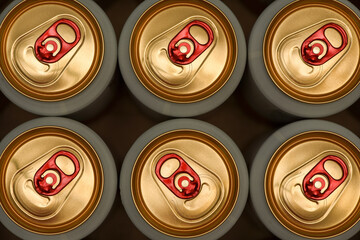 aluminum cans with carbonated water, energy drinks or beer. the view from the top