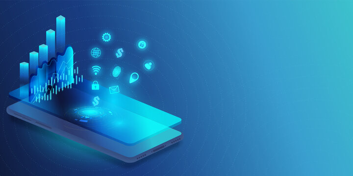 Application of mobile phone with business graph and analytics data on isometric Smartphone. Analysis stock trends and financial strategy. Vector illustration.