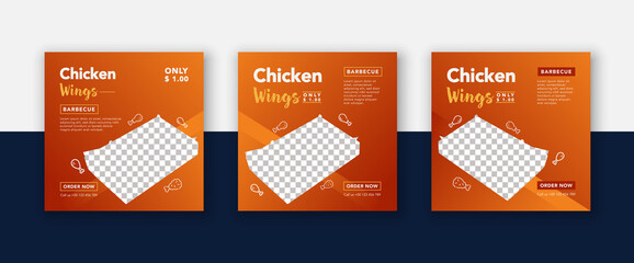 Set of fast food restaurant social media post culinary promotion & web banner. Food menu instagram stories post and square flyer, poster vector template. Orange background color