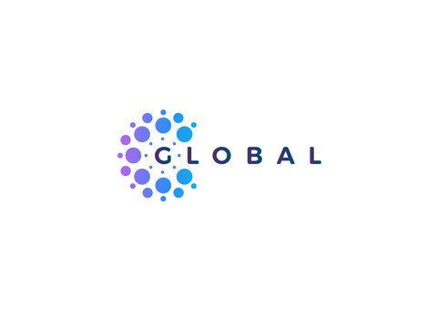 Dots logo concept for software development and global innovate technology. Blue and purple round logotype concept for business and startup identity. Vector isolated logo on white background