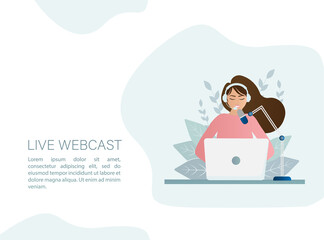 Live webcast in flat style with people. Listen to podcast. Flat illustration. Vector illustration.