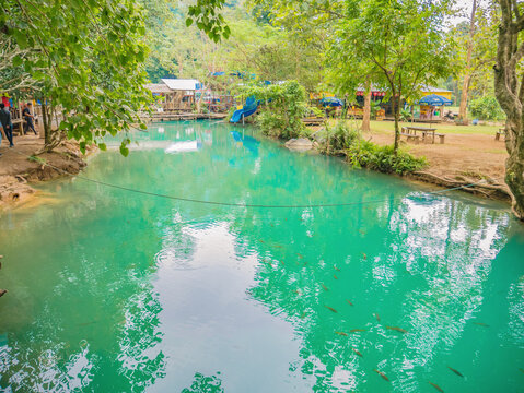Vangvieng/lao-10 Dec 2017:Beautiful nature and clear water of Blue lagoon at pukham cave vangvieng city Lao.Vangvieng City The famous holiday destination town in Lao.