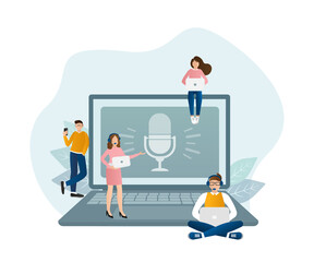 Live webcast in flat style with people. Listen to podcast. Flat illustration. Vector illustration.