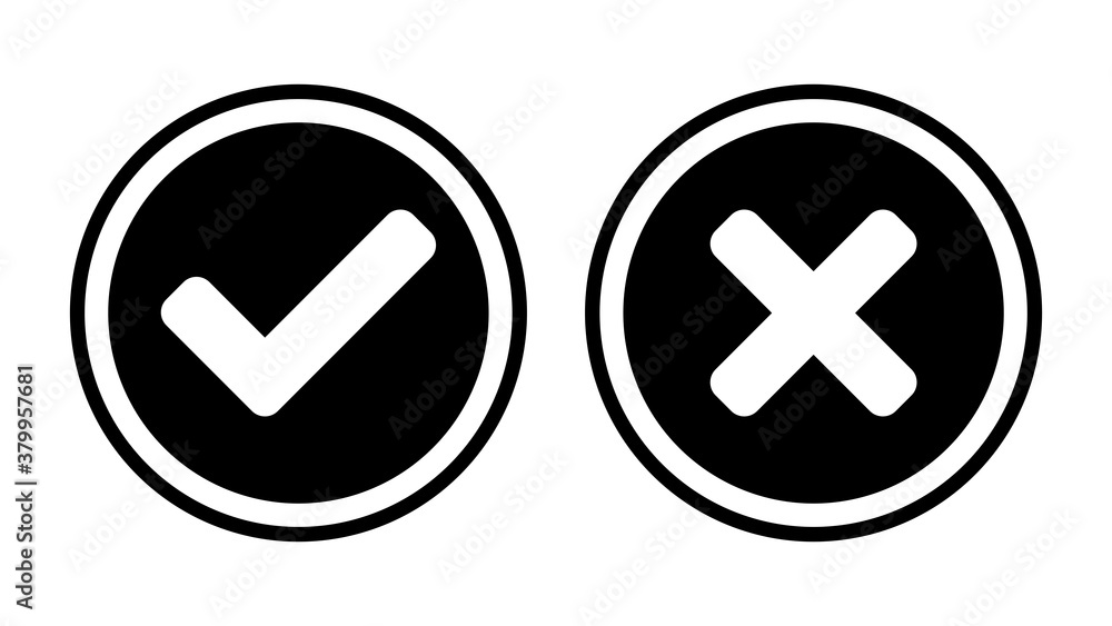 Poster set of yes and no or right and wrong or approved and rejected icons with check mark and cross symbol