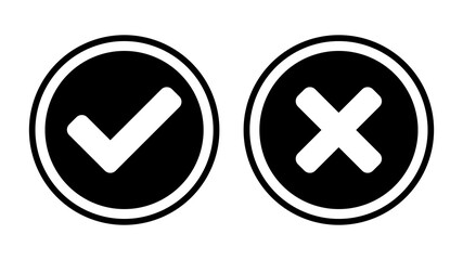 Set of Yes and No or Right and Wrong or Approved and Rejected Icons with Check Mark and Cross Symbols in Circles. Vector Image.