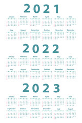 Calendar set 2021; 2022; 2023; starting from Sunday. Vector illustration