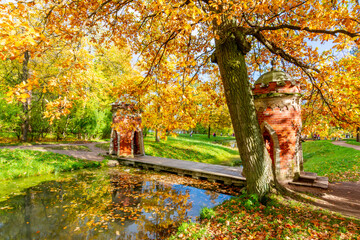 Red (Turkish) Cascade in golden fall in Catherine park, Pushkin, Saint Petersburg, Russia