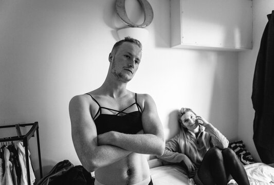 Boy to girl crossdressing with female friend looking on