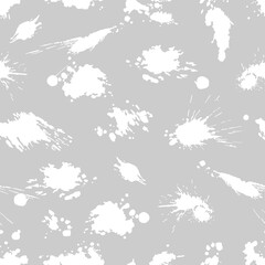 Obraz premium Vector grey seamless pattern with ink splash, blot and brush stroke spot spray smudge, spatter, splatter, drip, drop, ink smudge smears Grunge textured elements design background.