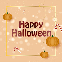 pumpkins on gold ribbons, lollipops on a pink background, gold frame, text - happy Halloween, gold sparkles, glitter, magic