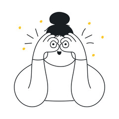 The girl holds her hands in front of her eyes in the form of binoculars. Search, vision, exploration, looking for something, and discovery concept. Flat line elegance vector illustration