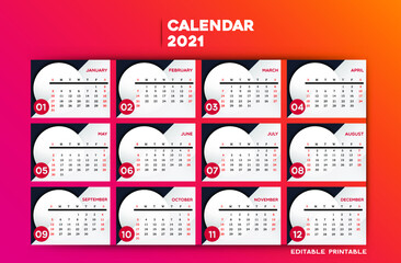 Calendar template 2021. Minimalist Colourful Abstract Elegant Desk printable Premium free Vector.Corporate and business calendar.