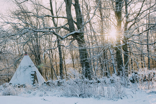 A tipi in a snow-covered woodland
