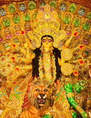Close up view of Maa Durga's Face during Durga Puja festival. Durga Puja or Durgotsava,is an annual...