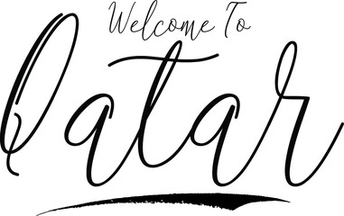 Welcome To Qatar Country Name Handwritten Typography Black Color Text on White Background