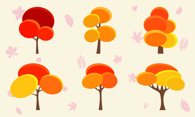 Collection Of Autumn Trees, isolated. Simple collection of autumn trees of different shapes. Colorful garden tree, autumnal garden bush and fall season tree leaves. Vector illustration icons set.