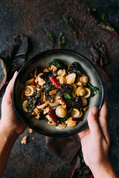 Orecchiette with rainbow chard, walnuts and thyme