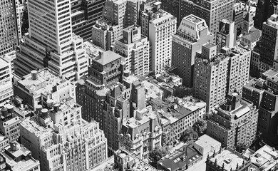 Black and white aerial view of New York City, USA.