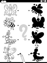shadow task with cartoon insects coloring book page