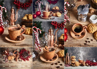 Collage mix set of Black coffee with cookies cinnamon and spice on old wooden board in rustic style, top view. Christmas composition with baking and hot drink in cup.