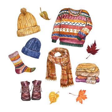 Watercolor fall or winter clothes illustration. Warm sweater, scarf, boots, socks, hat, isolated on white background. Autumn outfit set for cold weather.