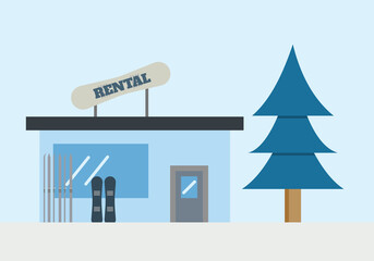 Winter rental shop with skis and snowboard near the shop window. Illustration for presentation of ski resort or active rest.