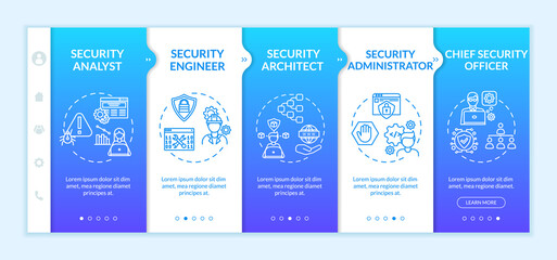 Cybersecurity jobs onboarding vector template. Engineer, analyst, administrator, architect, chief officer. Responsive mobile website with icons. Webpage walkthrough step screens. RGB color concept