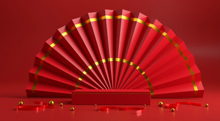 cosmetics stand in red backdrop background,3d rendering design.