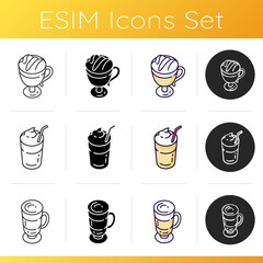 Coffee shop menu icons set. Frappe in glass with straw. Cappuccino in mug. Latte in cup. Caffeinated drink from cafe menu. Linear, black and RGB color styles. Isolated vector illustrations