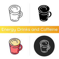 Latte icon. Coffee mug. Hot beverage in glass cup. Cappuccino with foam. Frappe with froth. Caffeinated liquid. Coffee house product. Linear black and RGB color styles. Isolated vector illustrations