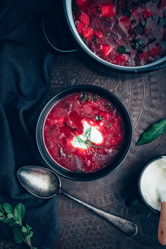 Food: Borschtsch, Red beet soup with sour cream and dill