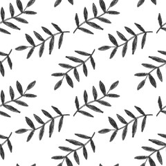 Monochrome herbal and floral seamless pattern. Black and white. Hand drawn graphic herbs, flowers and leaves. Pencil botanical sketch. For design, post cards, prints, textile and wrapping paper