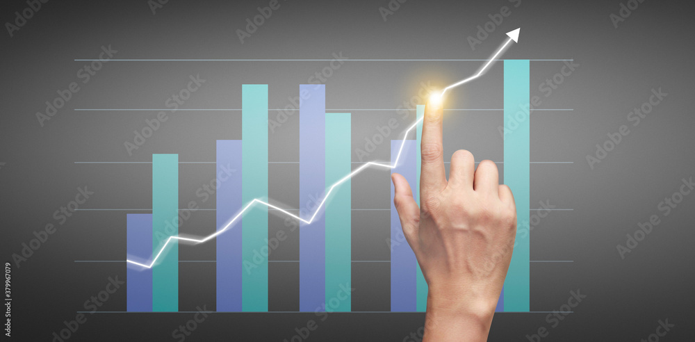 Wall mural hand touching graphs of financial indicator accounting market economy analysis chart