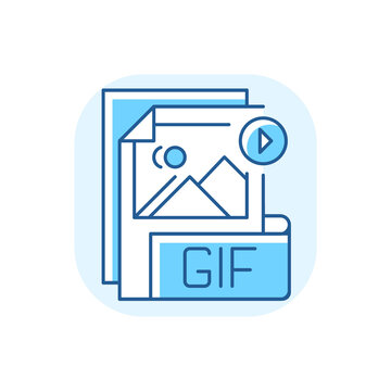 GIF file blue RGB color icon. Graphic interchange format. Filename extension. Animated raster graphics file. Lossless format. Gif picture. Static images supporting. Isolated vector illustration