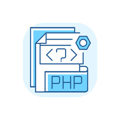 PHP file blue RGB color icon. Source code file. Hypertext Preprocessor code. Webpage files. String, integer, floating point number. PHP script. Web server. HTML form. Isolated vector illustration