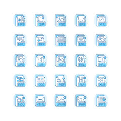 File extensions blue RGB color icons set. Different types. Text, audio, video, compression, executable files. Storing and transport data. High sound quality. Isolated vector illustrations