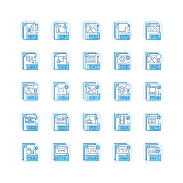 File extensions blue RGB color icons set. Different types. Text, audio, video, compression, executable files. Storing and transport data. High sound quality. Isolated vector illustrations