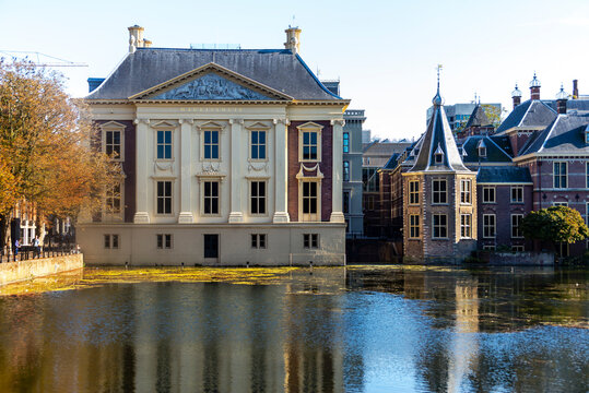 Cityscape of Den Haag (the Hague) with the historic Mauritshuis and House of Parliament, Netherlands