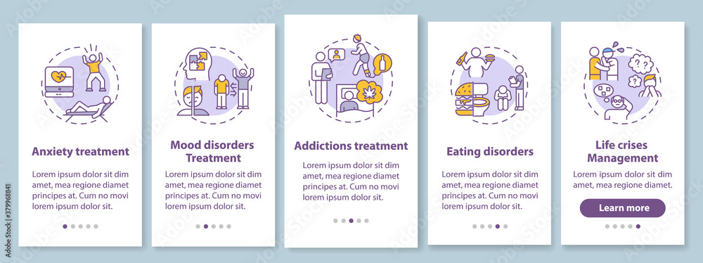 Poster psychotherapy tasks onboarding mobile app page screen with concepts. anxiety, addictions treatment w