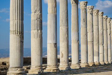 Perspective view onto antique colonnade. All columns made in Corinthian order. Shot in ancient city Laodicea, near Denizli, Turkey