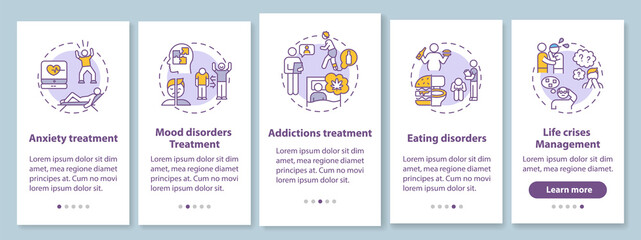Psychotherapy tasks onboarding mobile app page screen with concepts. Anxiety, addictions treatment walkthrough 5 steps graphic instructions. UI vector template with RGB color illustrations