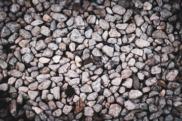 Ground stone grey background of many small stones. Rock texture background..