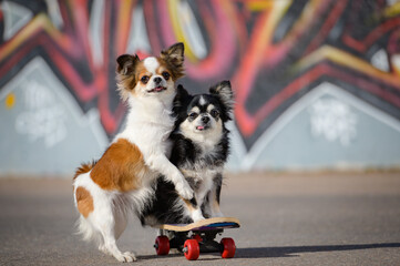 two funny little chihuahua pets animals dogs sitting on sport skateboard on graffiti urban...