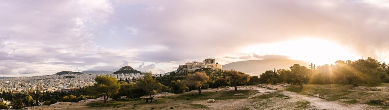 panoramashot at sunrise with view to athen and the acropolis