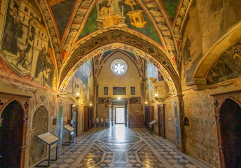 Obraz premium Subiaco, Italy - main sight of Subiaco and one of the most beautiful Benedictine monasteries in the World, the Sacro Speco Monastery displays amazing frescoes. Here in particular its interiors