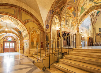 Subiaco, Italy - main sight of Subiaco and one of the most beautiful Benedictine monasteries in the World, the Sacro Speco Monastery displays amazing frescoes. Here in particular its interiors