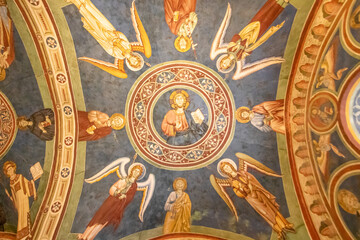 Subiaco, Italy - main sight of Subiaco and one of the most beautiful Benedictine monasteries in the World, the Sacro Speco Monastery displays amazing frescoes. Here in particular its interiors