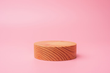 wooden podium stage isolated on pink background for use show product concept minimal with copy space, nature mockup